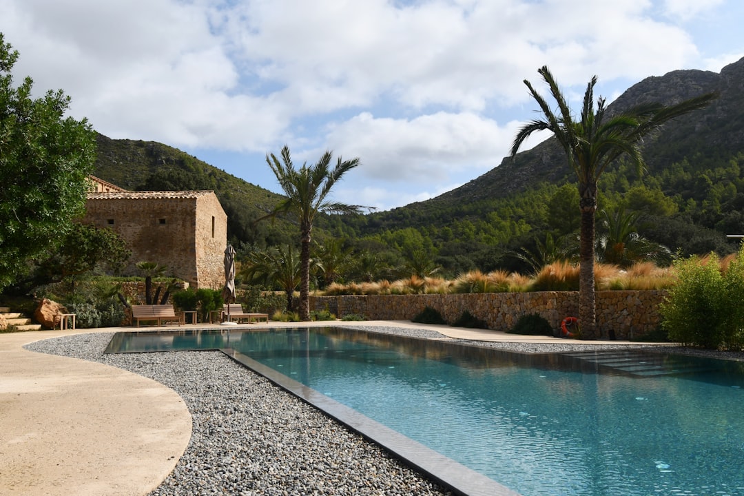 Mediterranean villa garden and pool on the Costa del Sol at golden hour