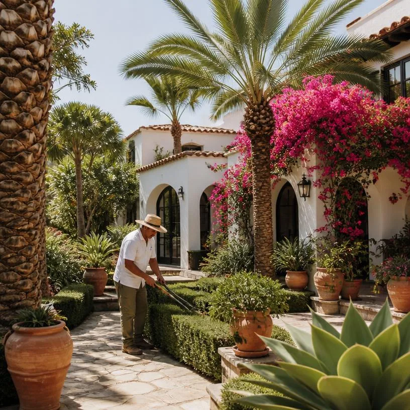 Spring tidy-up in Benalmádena — palms trimmed, borders back in shape.
