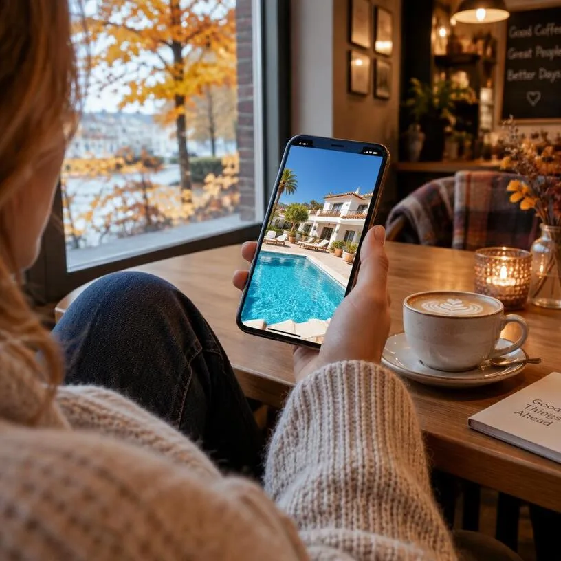 Checking a sunlit Costa del Sol villa on a phone from a cosy autumn café in London