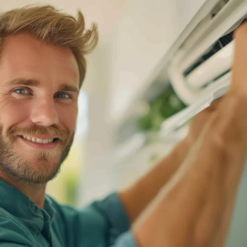 Technician servicing an air conditioning unit