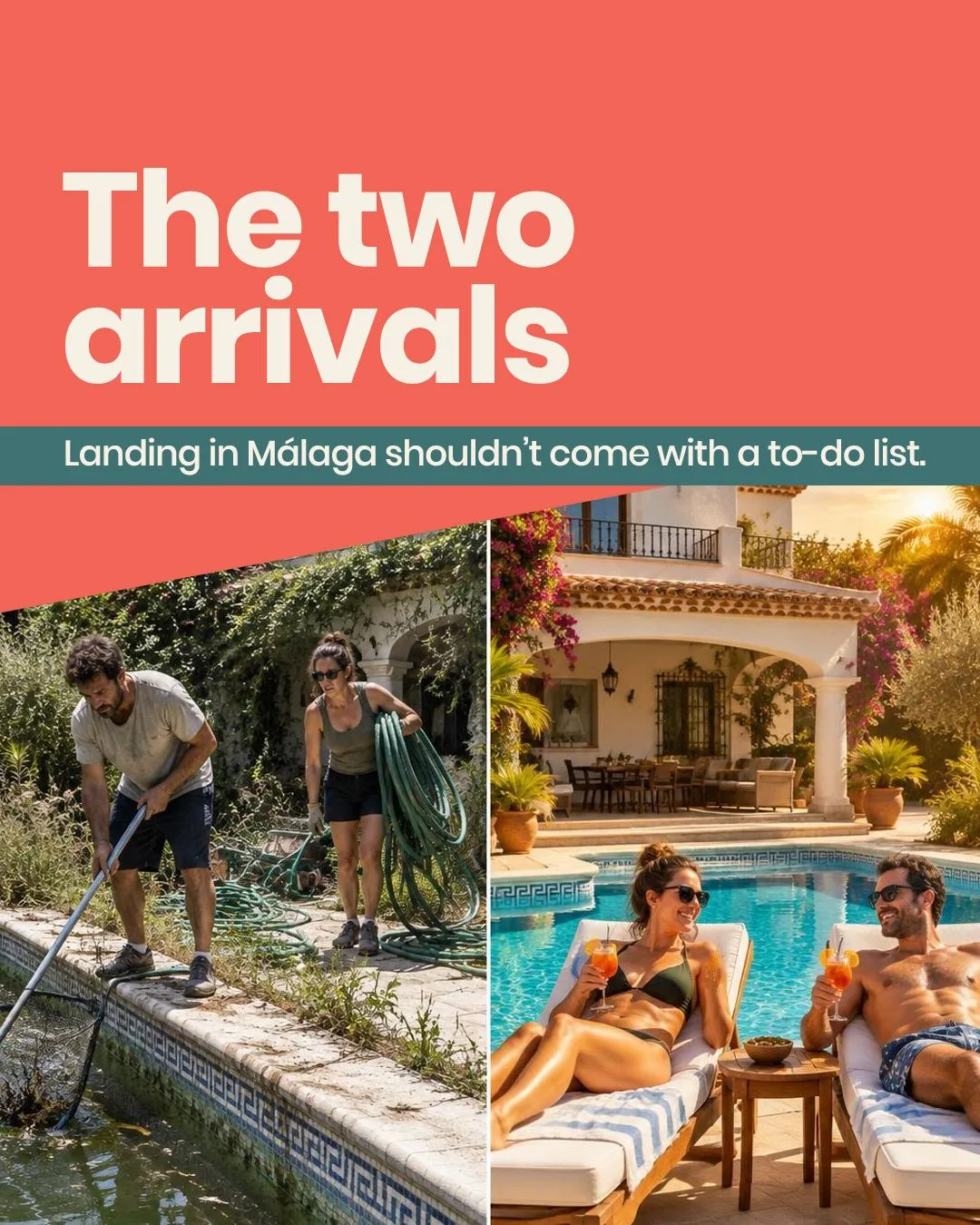 Two arrivals at a Costa del Sol villa: owners cleaning a green, neglected pool versus owners relaxing by a clear, cared-for pool