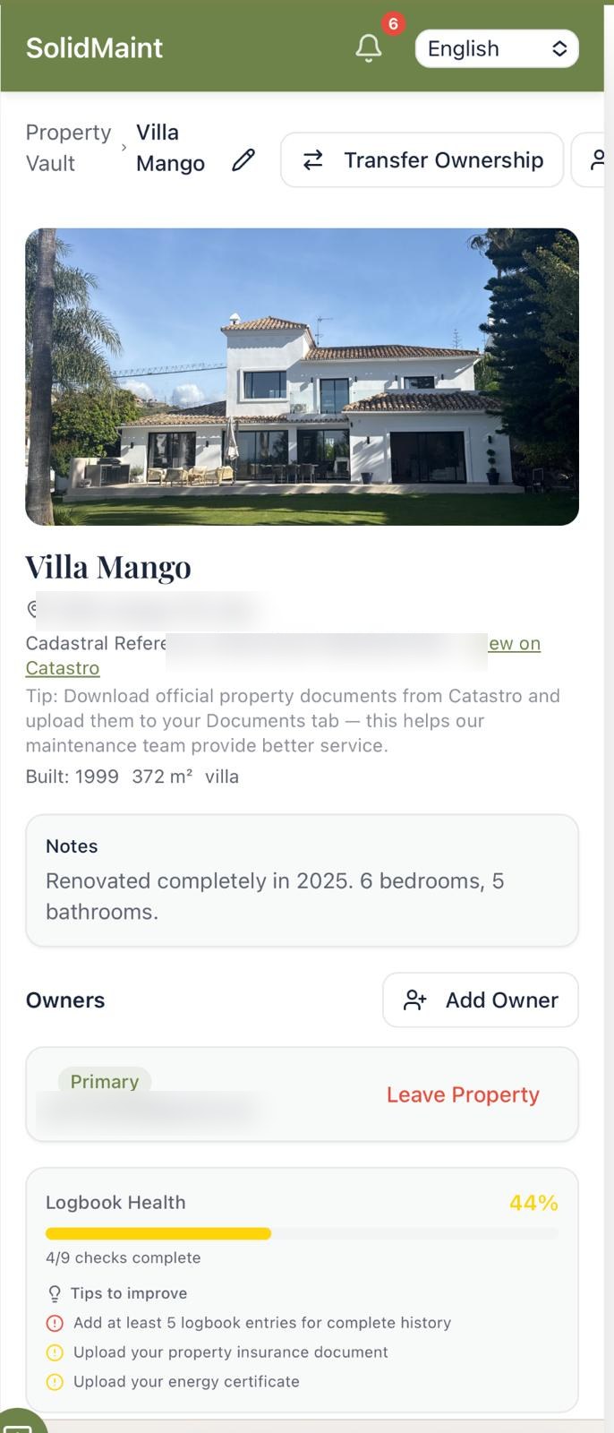 Property profile screen in the SolidMaint owner app showing Vault health