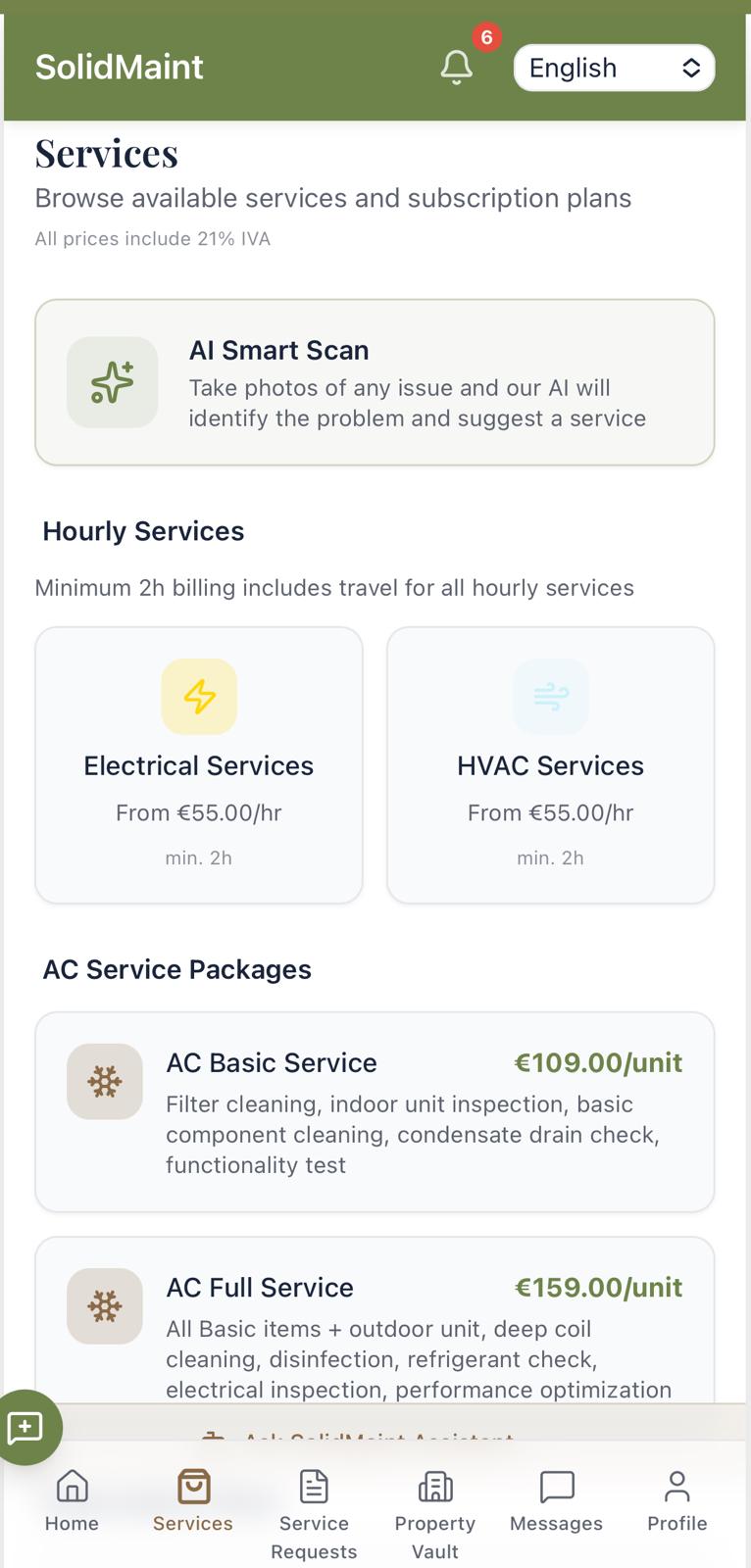 Services screen in the SolidMaint owner app